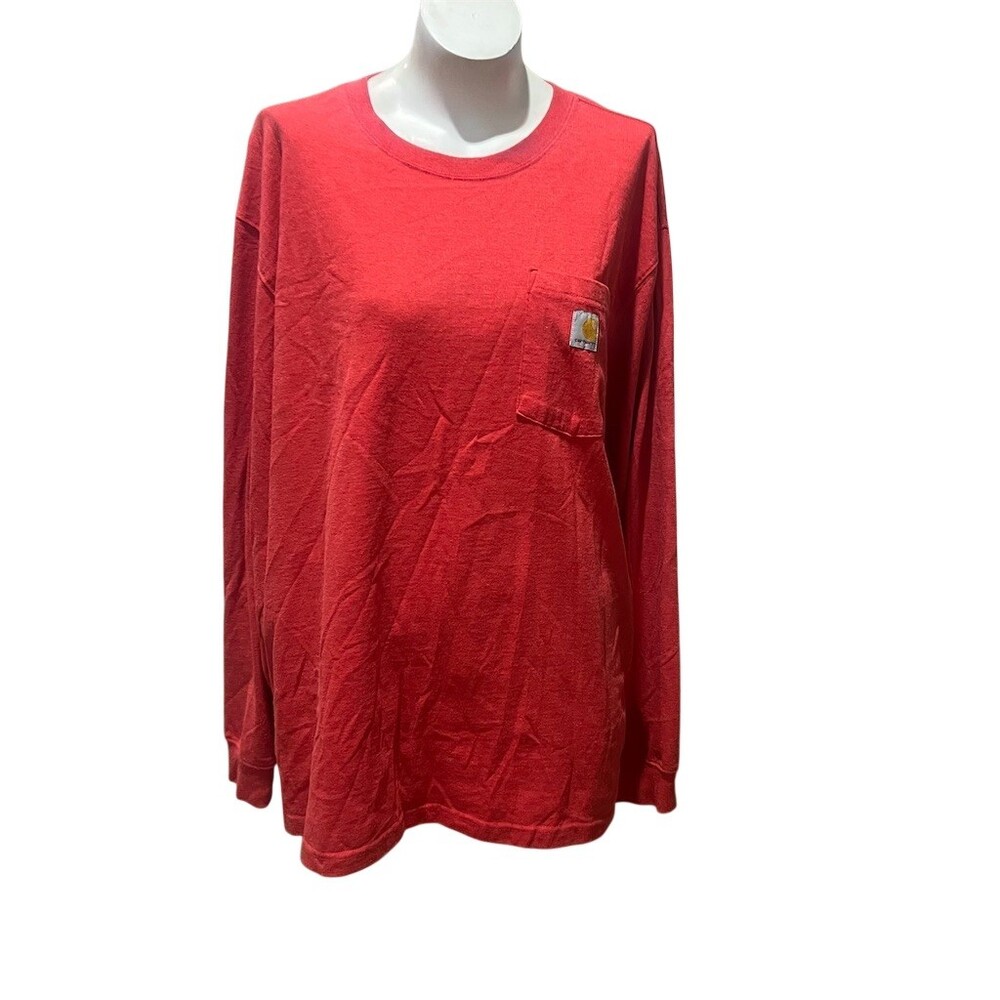 Carhartt T-Shirt Mens L Red Long Sleeve Crew Neck Pocket Logo Patch
